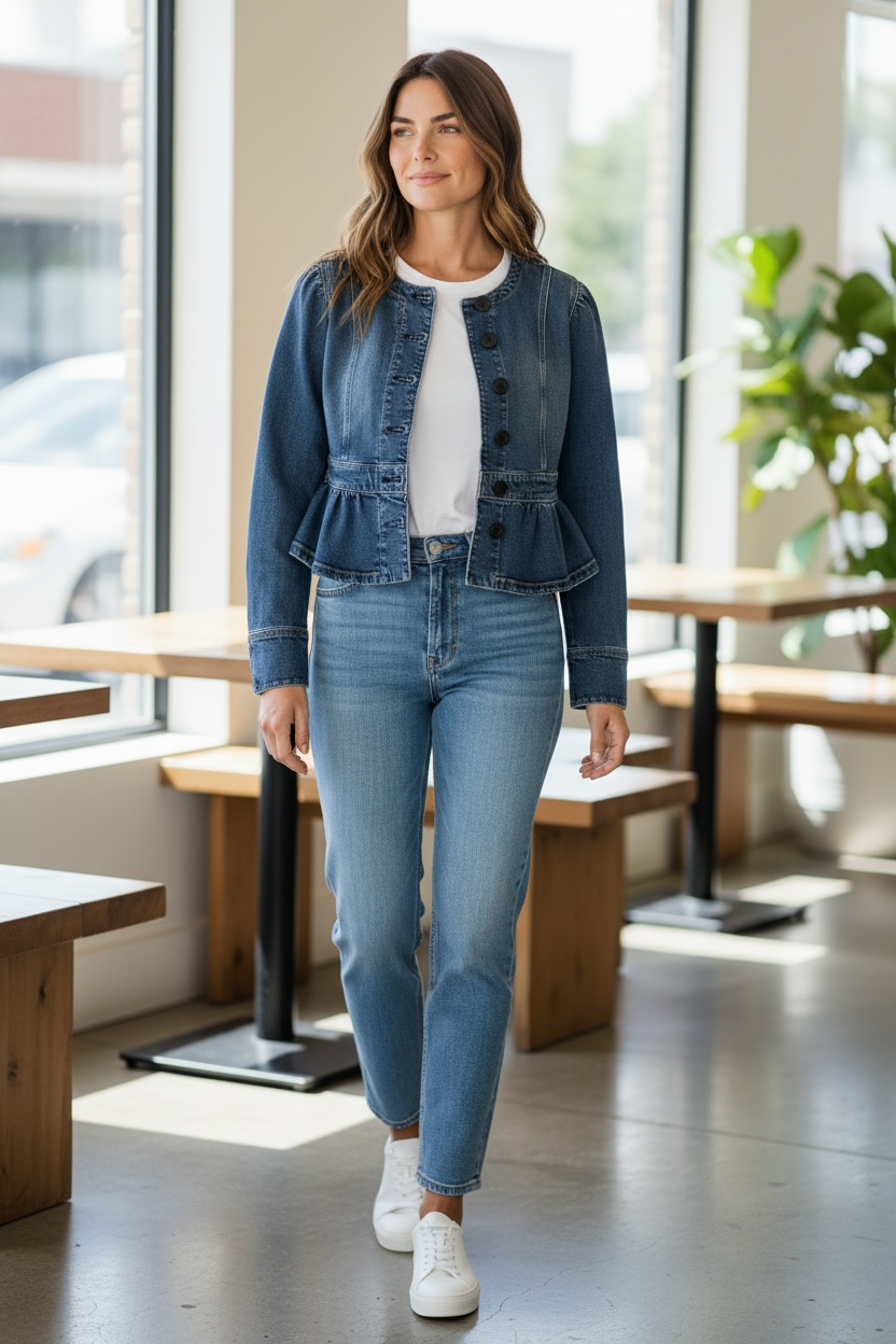 Women’s American Eagle Outfitters Denim Jacket with Ruffle Hem | Stylish Jean Jacket | Casual Layering Piece (Size Medium)