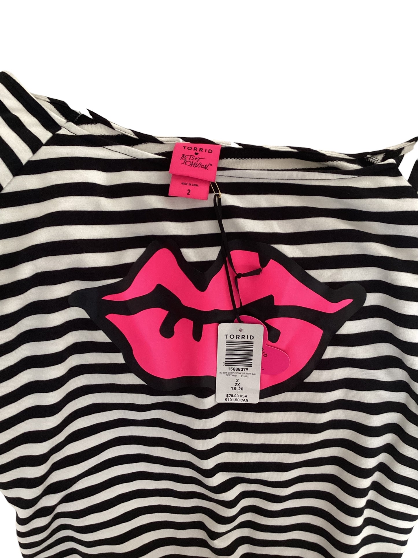 Women’s Betsey Johnson for Torrid Dress Size 2X – Hot Pink Lips & Black Stripes Statement Piece