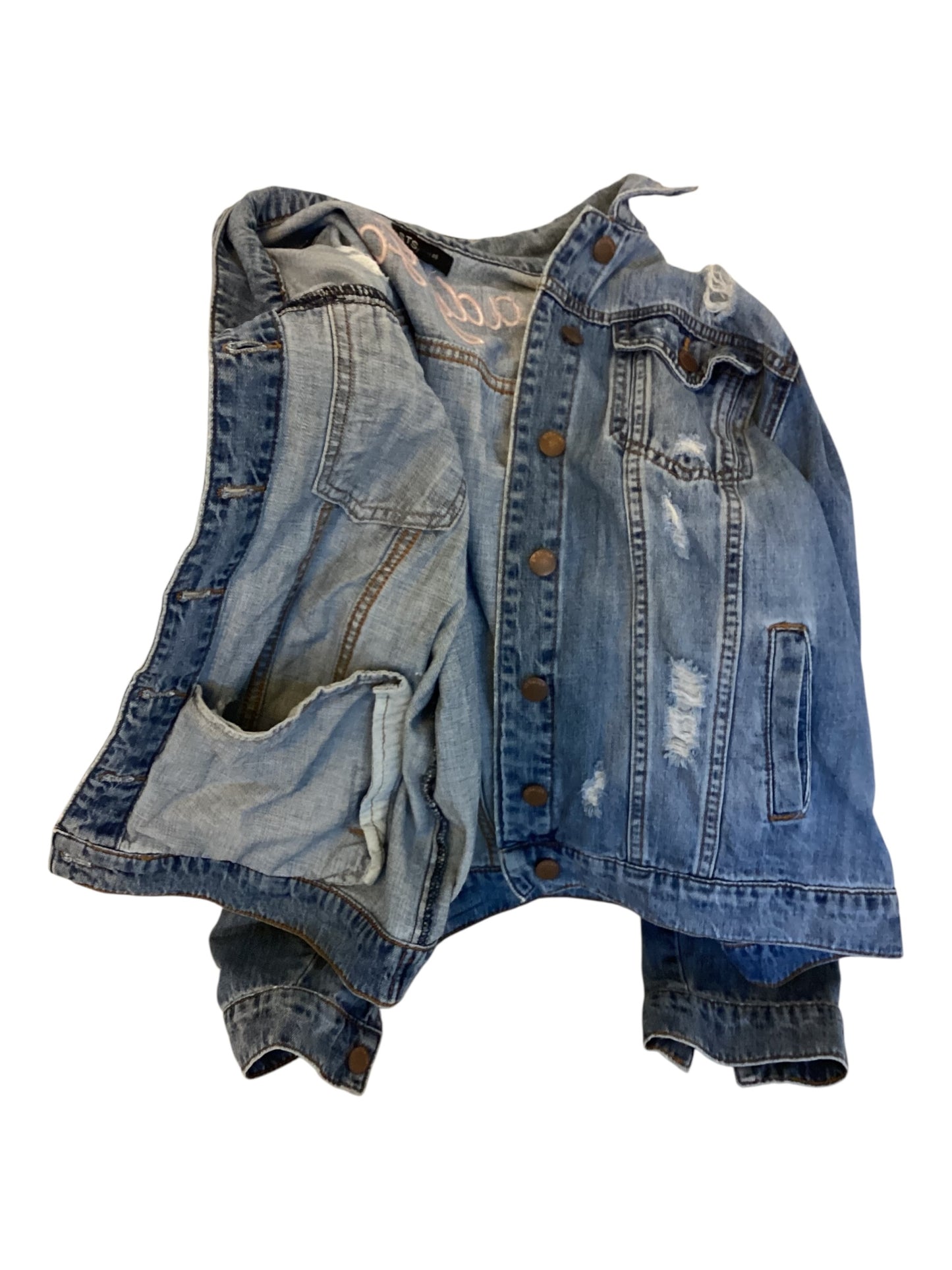 Women’s STS Blue Distressed Denim Jacket – “Lady Gang” Embroidered Back | Pink Embroidery | Size Large