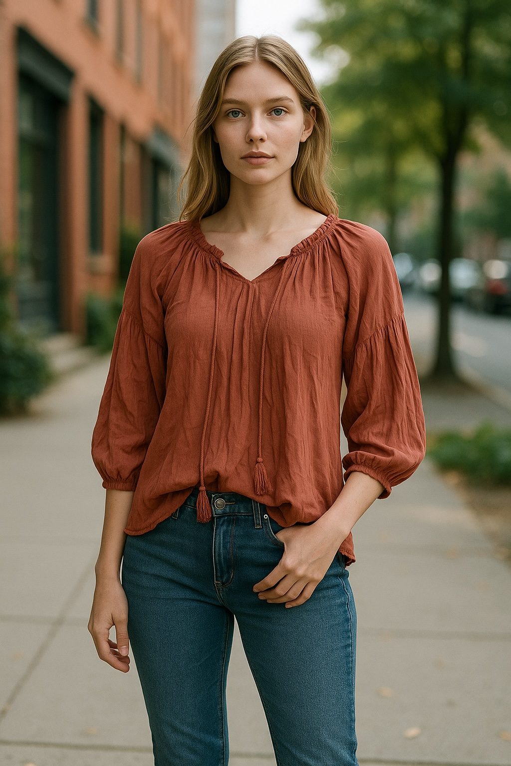 Crosstree Lane Peasant Boho Blouse Burnt Orange Size M