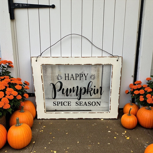 Farmhouse Pumpkin Spice Season Glass Sign Decor Shabby Chic Wood Frame