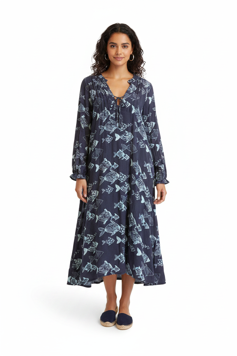 HIHO Fish Print Dress Gray - Blue & Light Green Size M