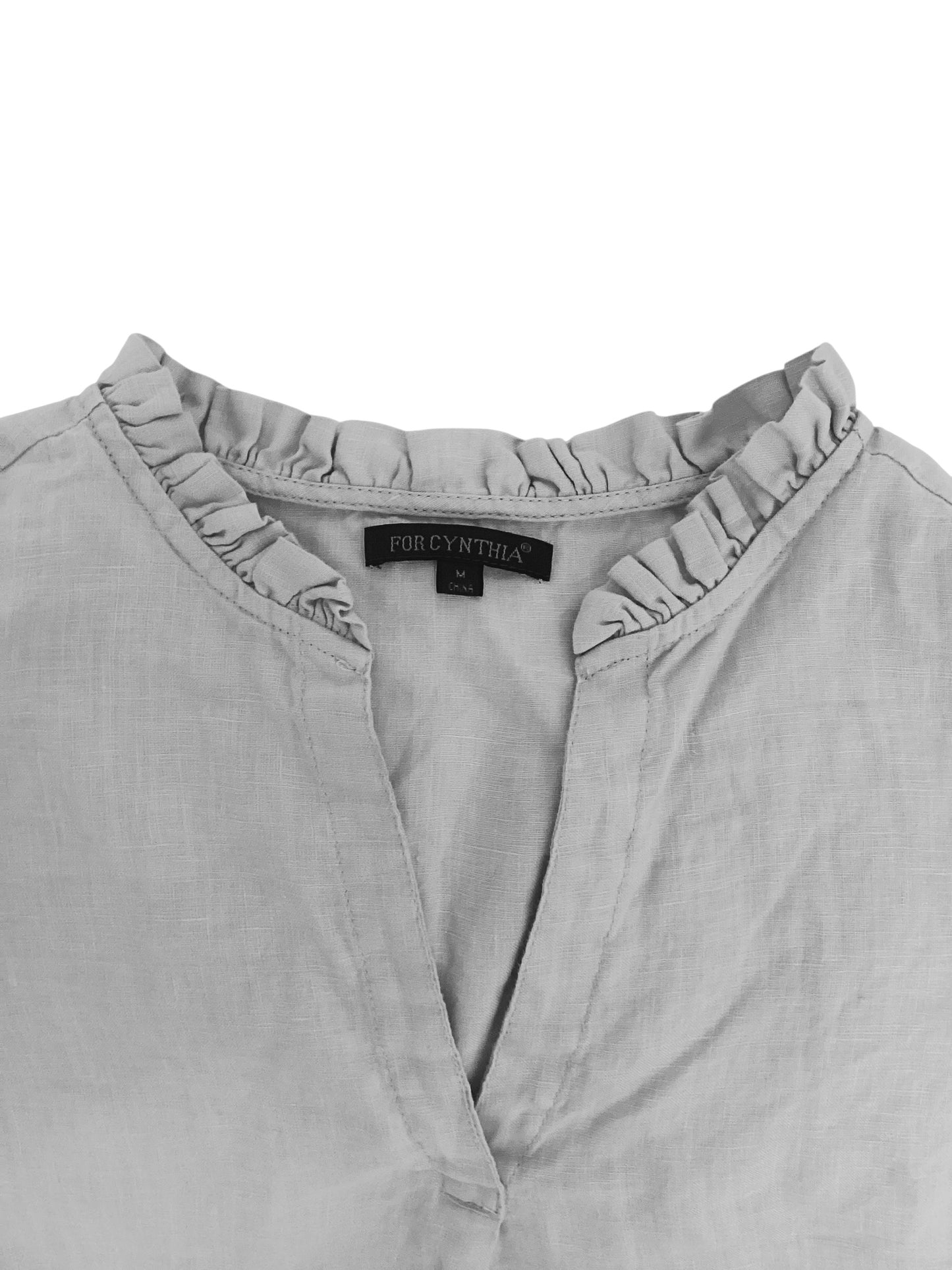 For Cynthia Powder Blue Linen Tunic Tank Top – 100% Linen | Ruffle Trim | Diagonal Pockets | Size Medium