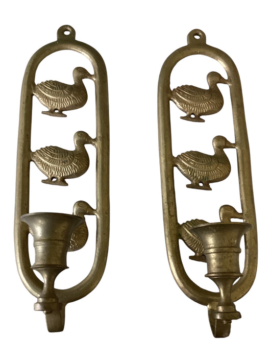 Vintage Brass Ducks Wall Mount Candlestick Holders