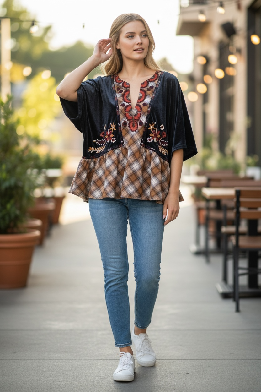 Women’s XS THML Anthropologie Gray Velvet Plaid Embroidered Blouse | Boho Chic Top