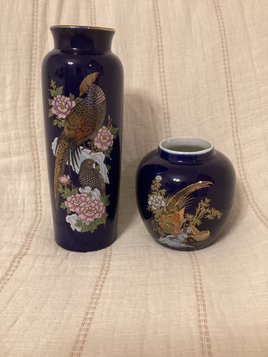 Vintage Porcelain Cobalt Blue 4” Ginger Jar & Vase Set