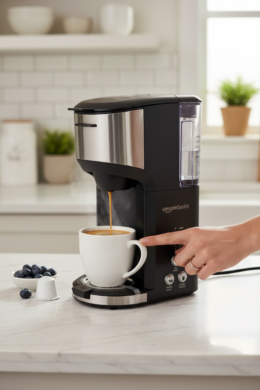Amazon Basics Single Serve Coffee Maker K-Cup 14oz | Black & Silver Compact Coffee Brewer New in Box