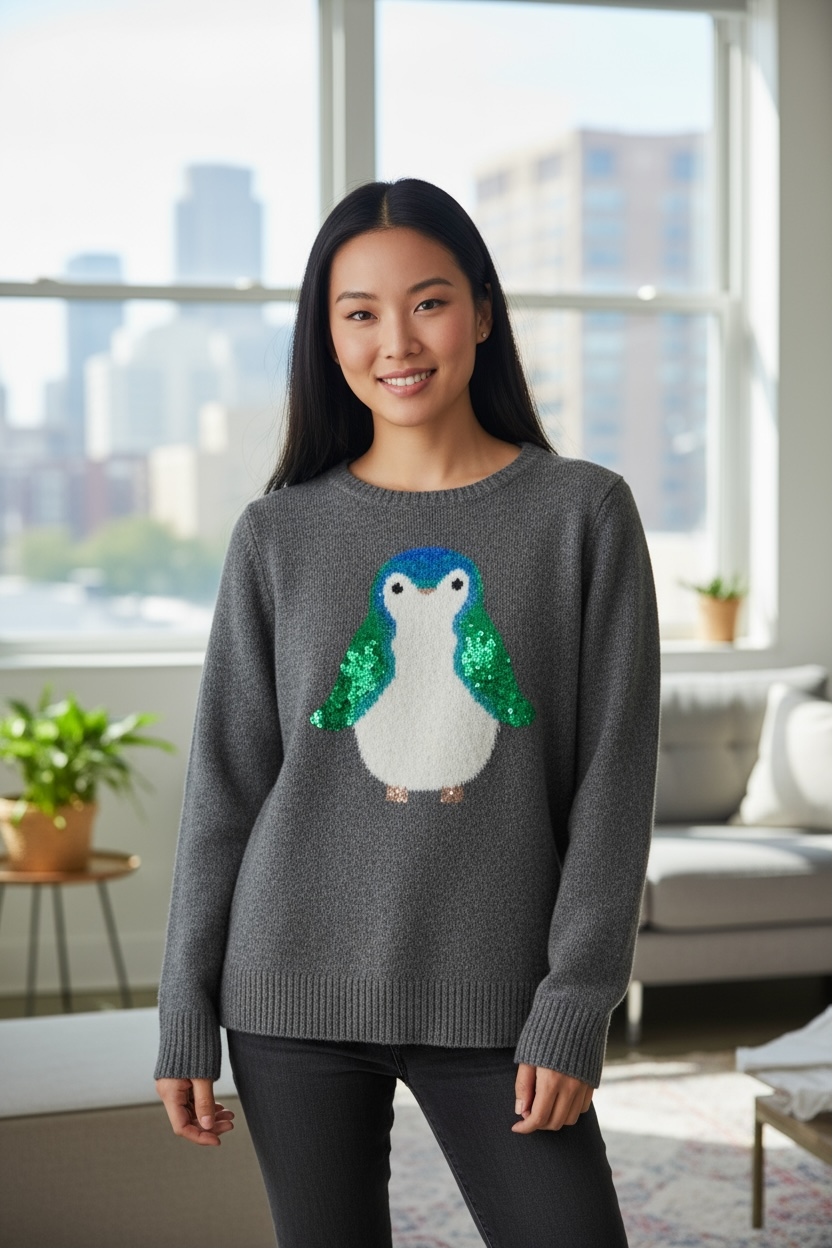 Lauren Conrad Sequin Penguin Sweater Women’s Size L Gray
