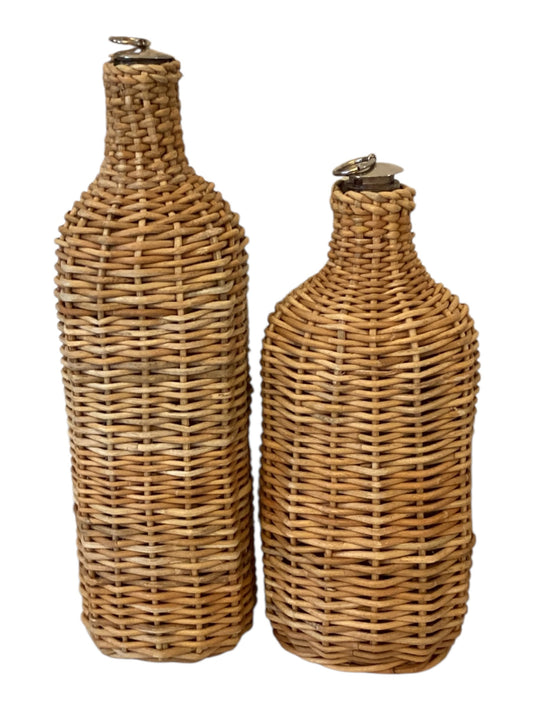 European Vintage Wicker-Wrapped Bottles (Set of 2) – Rustic Decorative Glass Bottles with Cork & Metal Stopper – 10” & 12”