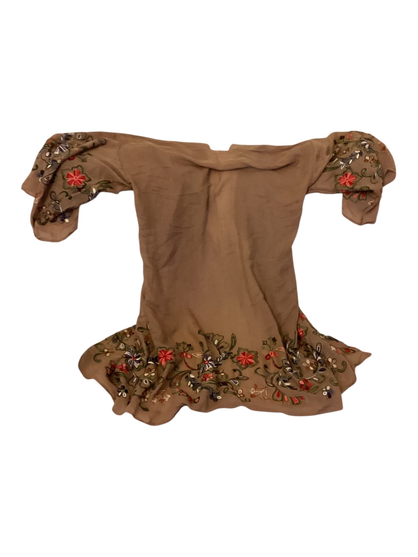Women’s Embroidered Kimono Duster – Taupe Brown Long Sleeve Boho Cardigan One Size Fits All