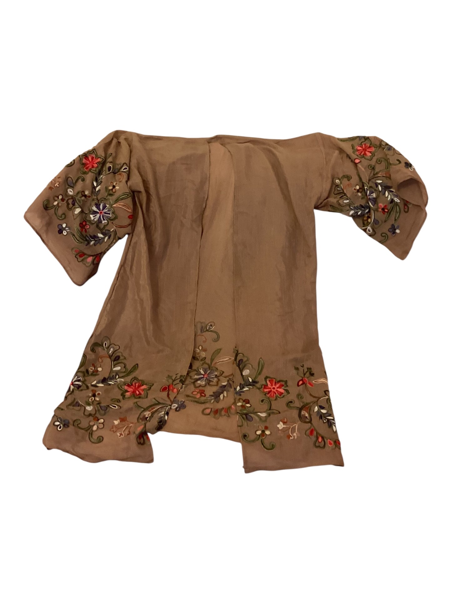 Women’s Embroidered Kimono Duster – Taupe Brown Long Sleeve Boho Cardigan One Size Fits All