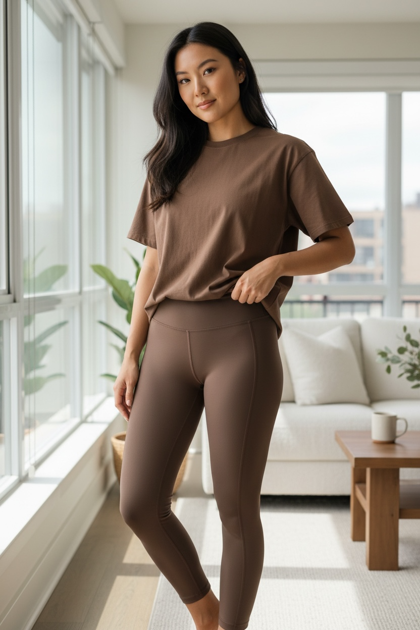 Women’s Mono B Brown Workout Set – Leggings & T-Shirt | Size Small | Athleisure Activewear Outfit