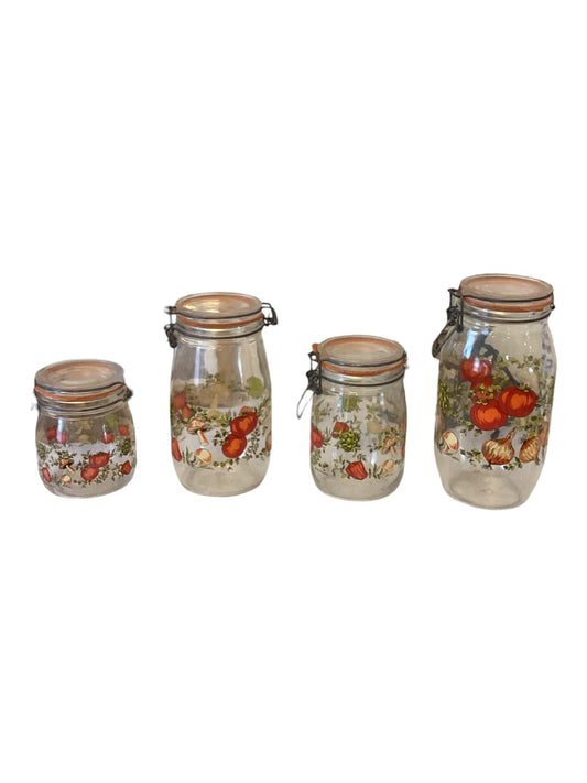 Vintage French Spice of Life Glass Canister Set – Set of 4 Retro Kitchen Storage Jars – Farmhouse Cottagecore Décor
