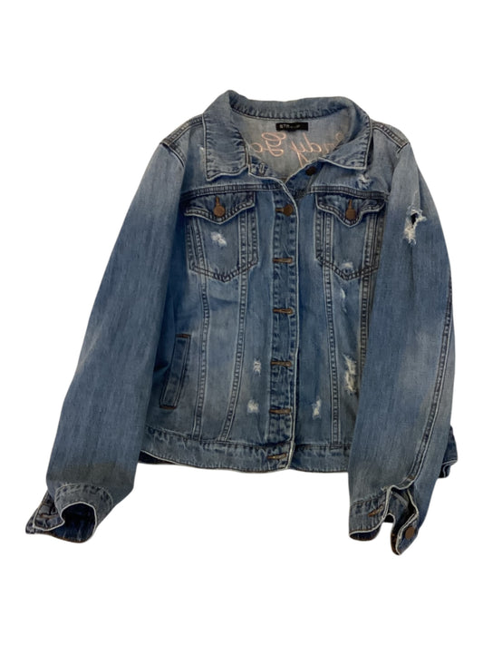 Women’s STS Blue Distressed Denim Jacket – “Lady Gang” Embroidered Back | Pink Embroidery | Size Large