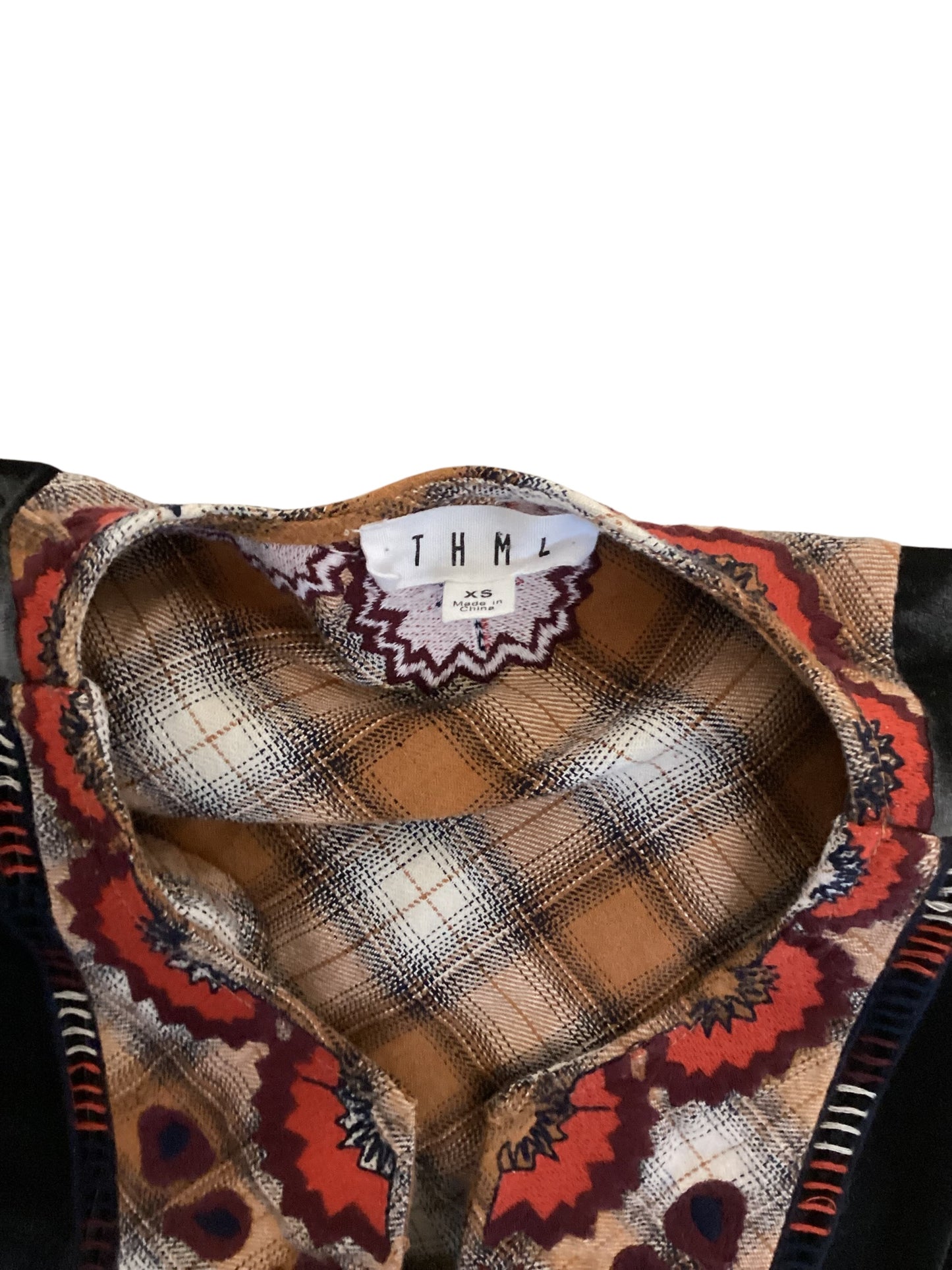 Women’s XS THML Anthropologie Gray Velvet Plaid Embroidered Blouse | Boho Chic Top