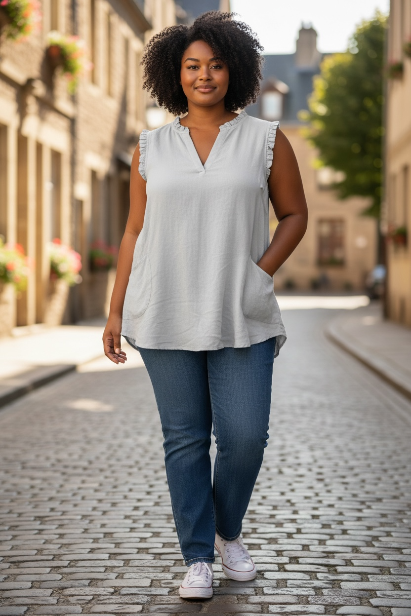 For Cynthia Powder Blue Linen Tunic Tank Top – 100% Linen | Ruffle Trim | Diagonal Pockets | Size Medium