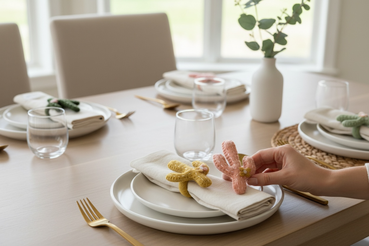 Global Groove Life Handmade Felted Wool Cactus Napkin Rings | Set of 4 | Fair Trade Nepal
