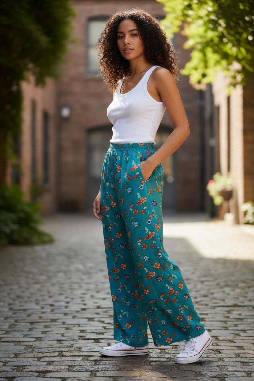 Women’s Iwollence High Waisted Wide Leg Flowy Pants Size M – Blue Floral Casual Boho Trousers