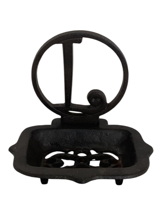 Vintage Cast Iron Soap Tray Dish with Letter “L” Monogram Holder – Rustic Farmhouse Bathroom Decor