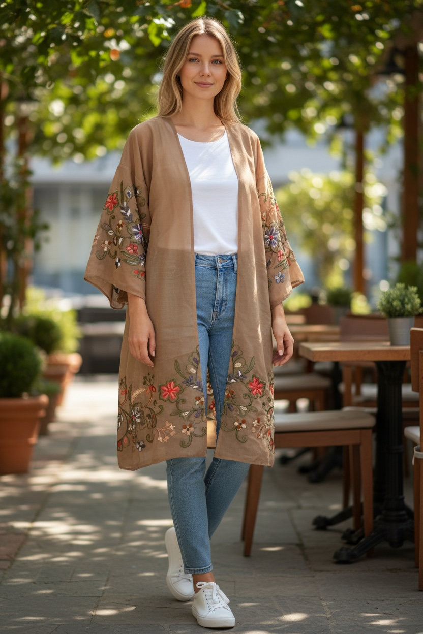 Women’s Embroidered Kimono Duster – Taupe Brown Long Sleeve Boho Cardigan One Size Fits All