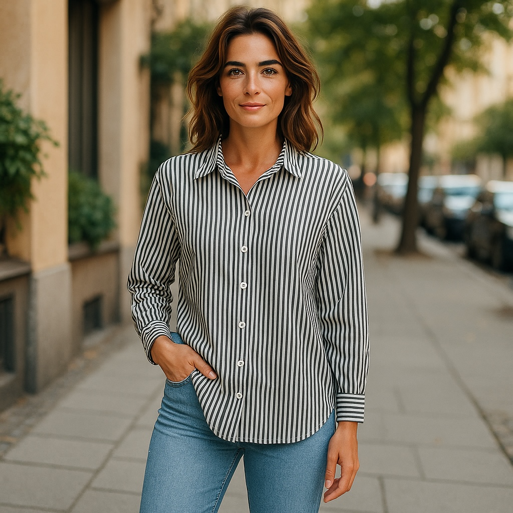 Chico’s No Iron Button Stripe Shirt (15) Gray