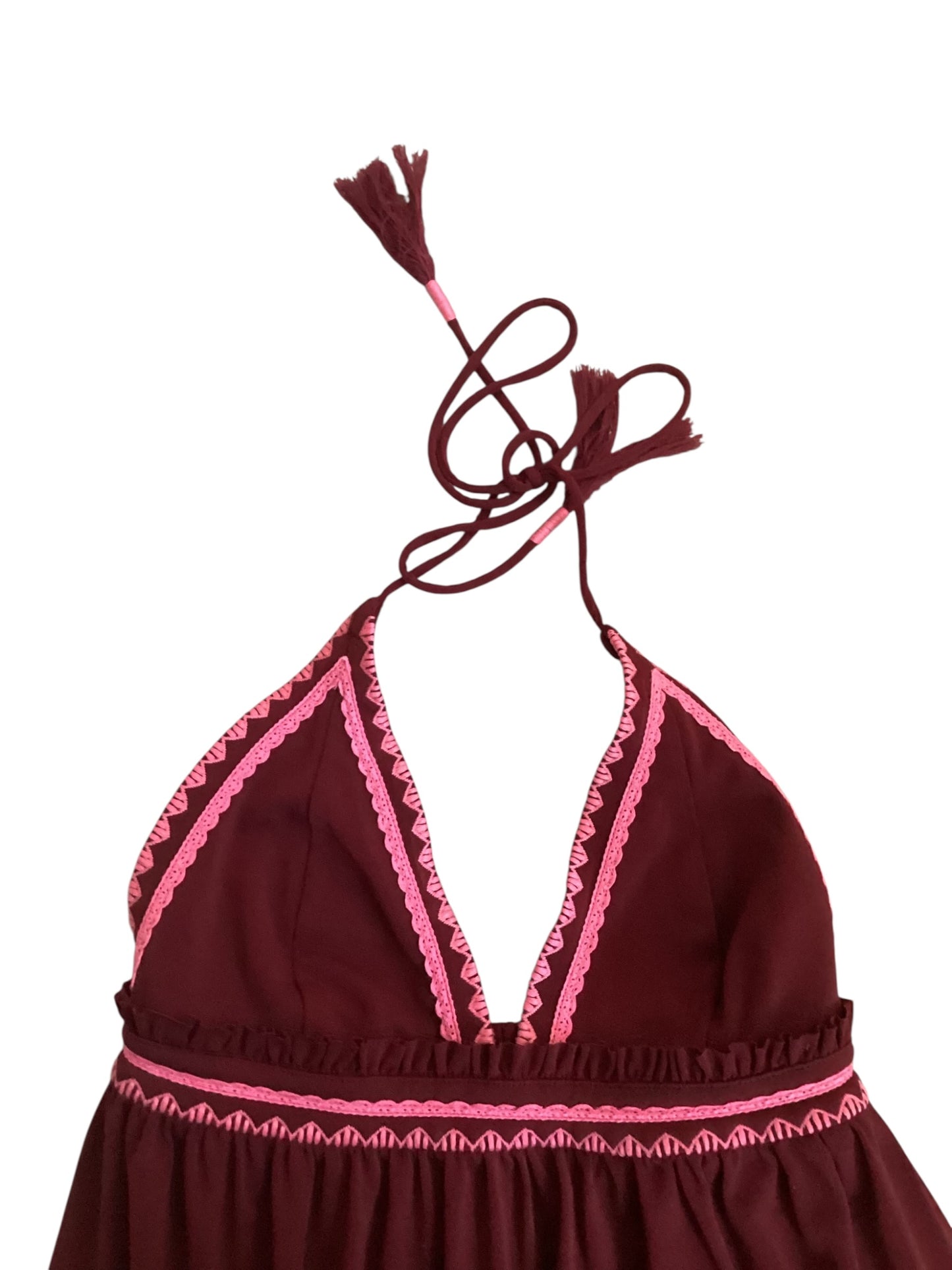 Express Maroon Pink Embroidered Hi-Lo Halter Maxi Dress Women’s Size XS