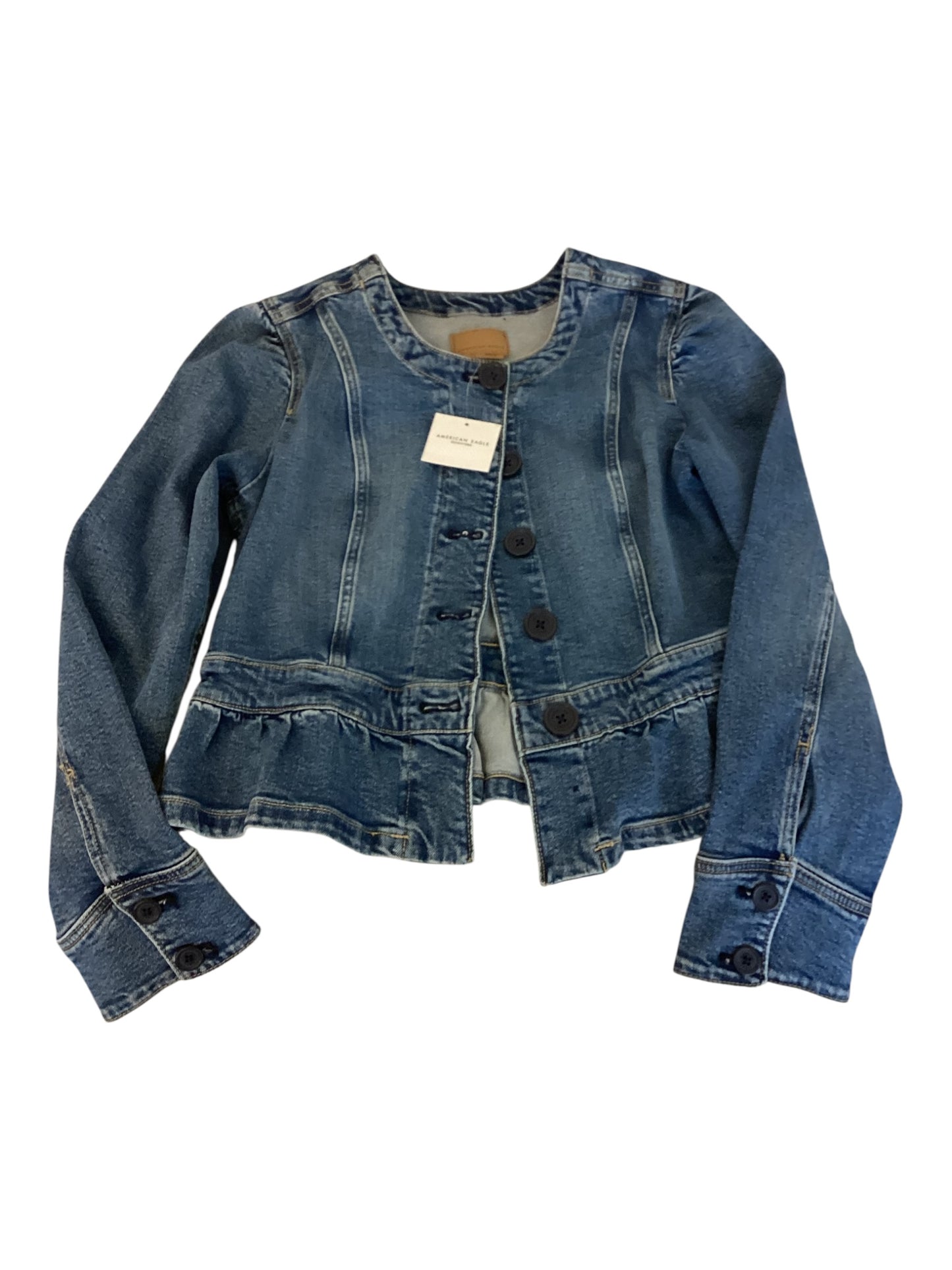 Women’s American Eagle Outfitters Denim Jacket with Ruffle Hem | Stylish Jean Jacket | Casual Layering Piece (Size Medium)