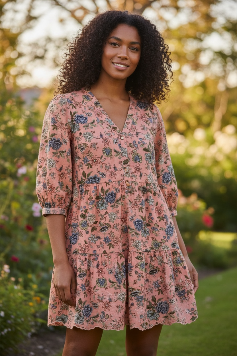 LOFT Women’s Pink Floral Boho Prairie Dress Size 6 | Scalloped Embroidered Hem Feminine Spring Summer Dress