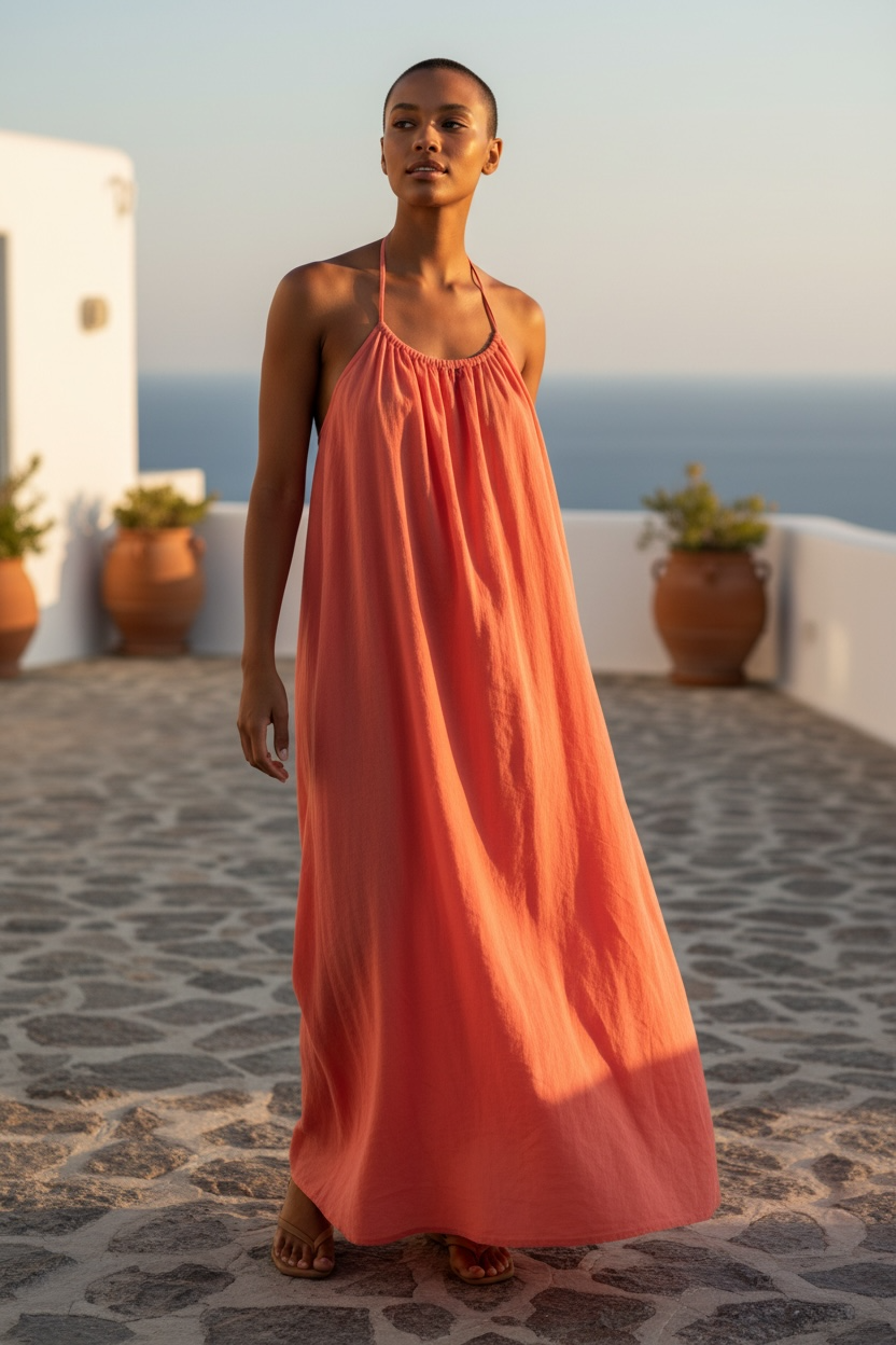 GAP Women’s Coral Halter Maxi Dress – Size Small Full-Length Summer Dress Elegant Sleeveless Long Dress