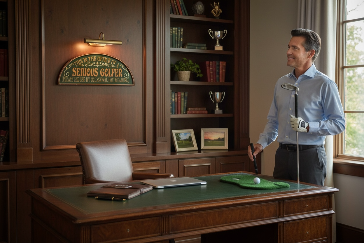 3D Painted Wooden Golf Clubhouse Wall Hanging – “This Is the Office of a Serious Golfer” Rustic Golf Decor Sign