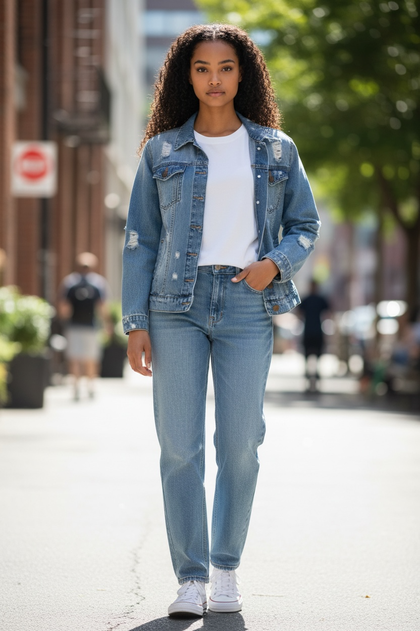Women’s STS Blue Distressed Denim Jacket – “Lady Gang” Embroidered Back | Pink Embroidery | Size Large