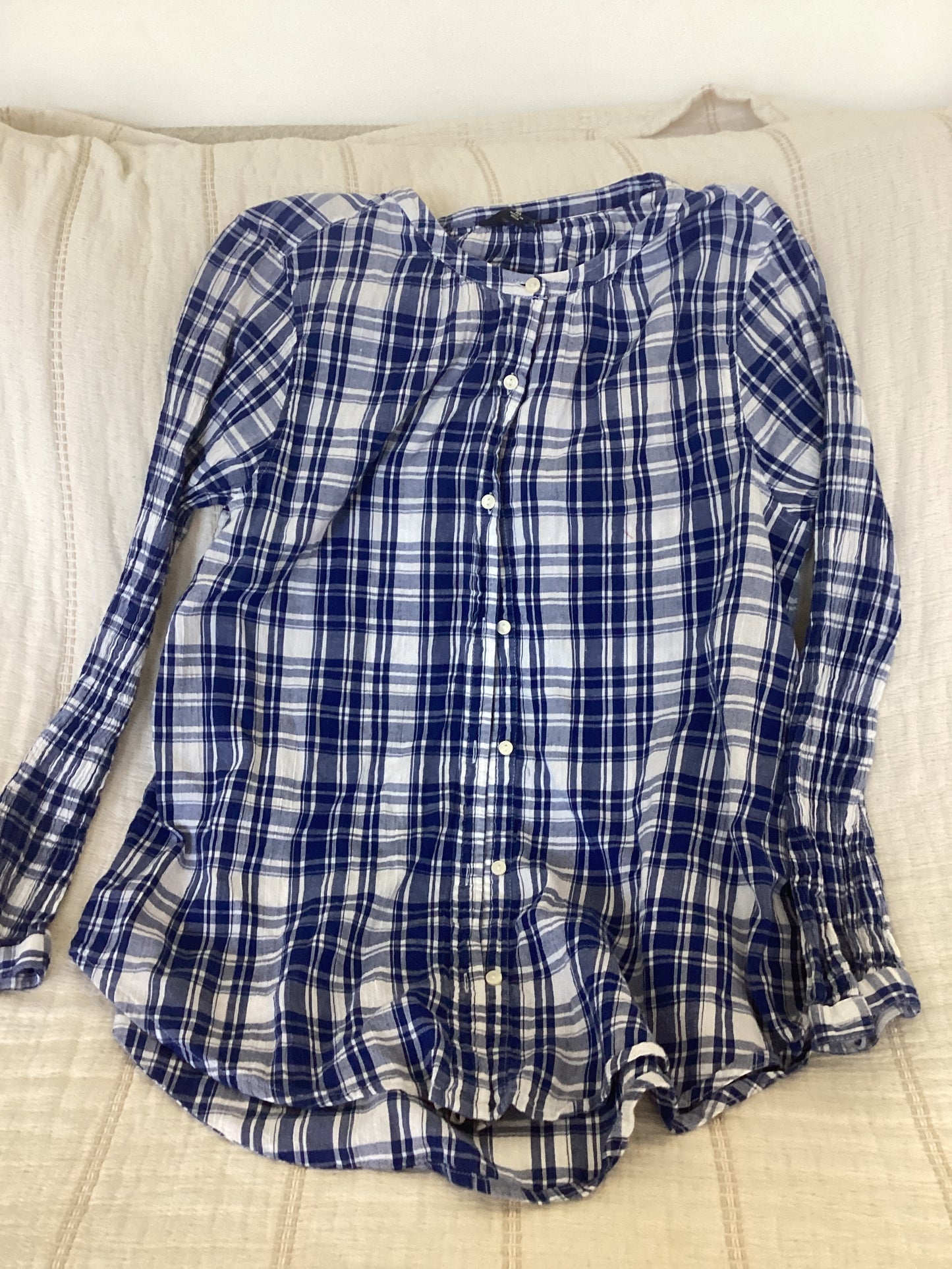 Lucky Brand Blue and White Plaid Button Down Oversized Tunic (M)