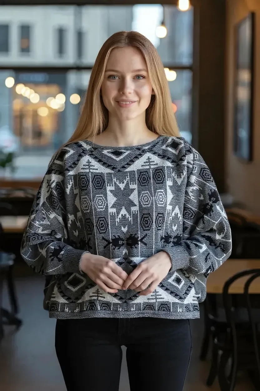 Jack Murphy Women’s Oversized Tribal Prin Sweater Size L GrayBlack and White