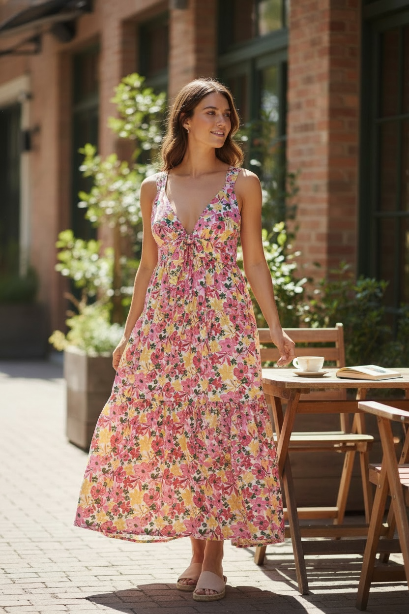 Aakaa Pink Yellow Floral Tiered Summer Dress Size XS