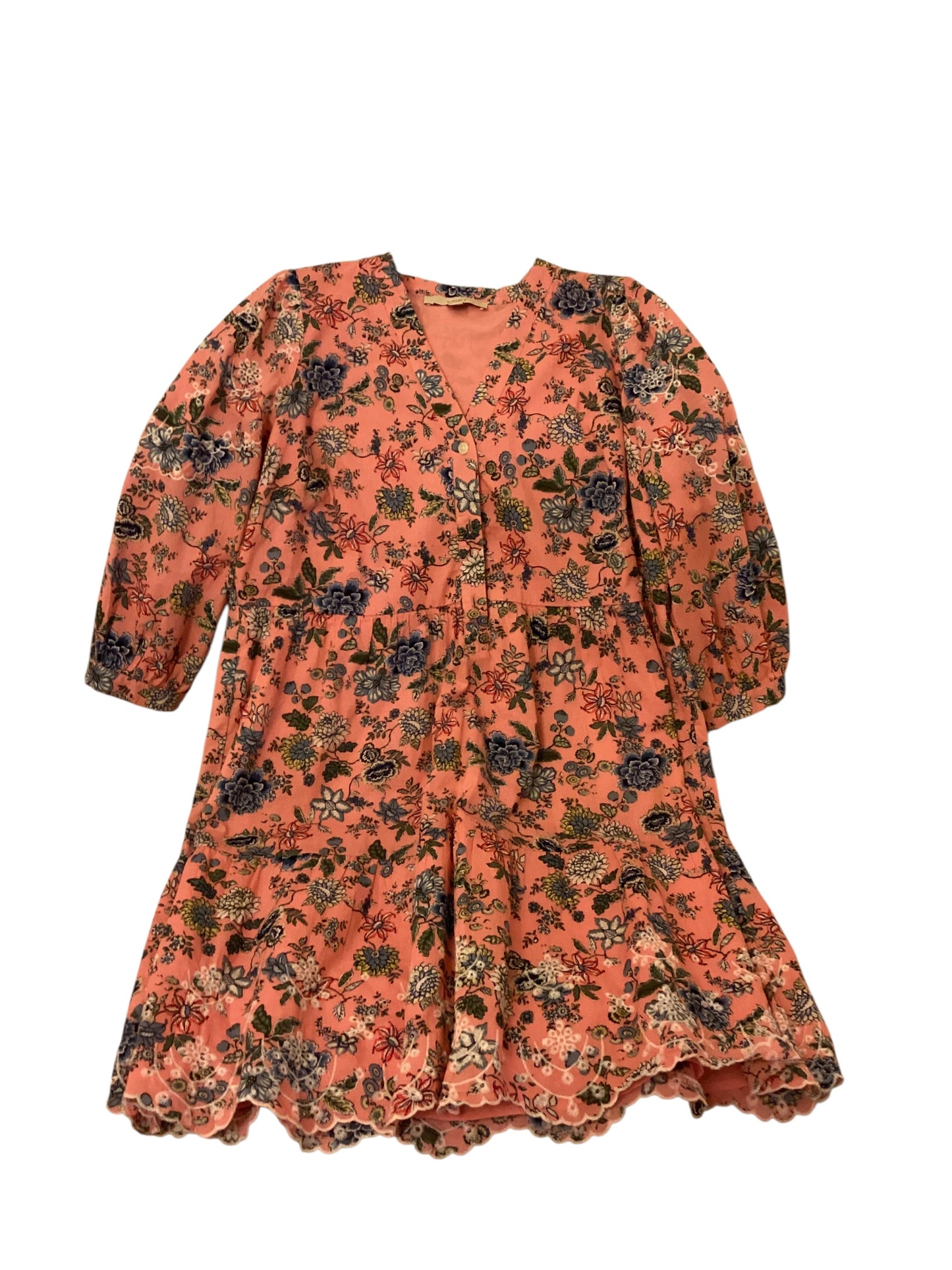 LOFT Women’s Pink Floral Boho Prairie Dress Size 6 | Scalloped Embroidered Hem Feminine Spring Summer Dress